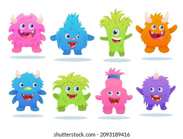 Cartoon alien bright collection. Crazy cute monsters different comic character. Set funny dragons or bacteria or caries colorful gradient vector isolated illustration. 