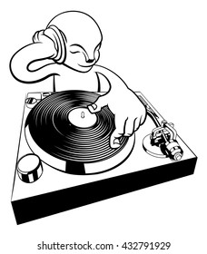 A cartoon alien character DJ on turntable decks