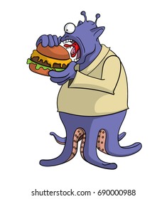 Cartoon alien character eating a large hamburger