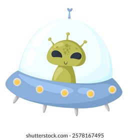 Cartoon alien character on alien saucer. Flat illustration of cute green alien. UFO ship. Vector alien isolated on white background