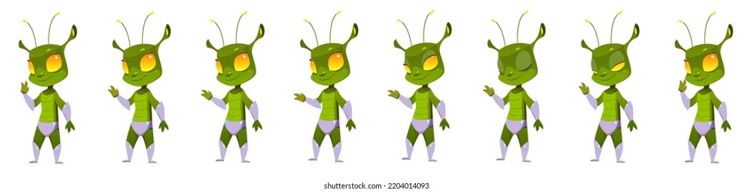 Cartoon alien character wink and waving hand animation sprite sheet. Sequence frame of cute Martian, extraterrestrial comer with green skin, Fantastic space personage, Vector illustration, saet