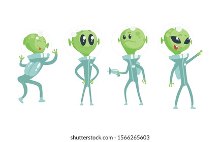 Cartoon Alien Characters Wearing Space Costume Vector Set