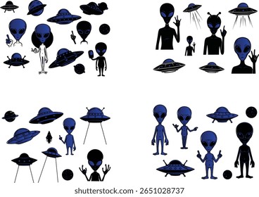 Cartoon Alien Extravaganza A Collection of UFOs Planets and Intergalactic Beings in a Colorful Collage