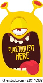 Cartoon alien face with one eye opened mouth blank space  banner for text. Vector illustration. Isolated. Halloween design element for banner, postcard, poster, package or decoration
