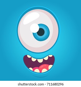 Cartoon alien face. Vector Halloween blue monster with one eye. Design for print, decoration, logo, emblem, book illustration, merchandise, t-shirt