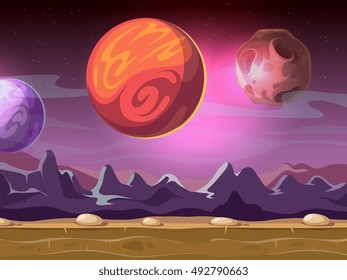 Cartoon alien fantastic landscape with moons and planets on starry sky for computer game background. Fiction gui with mountain illustration