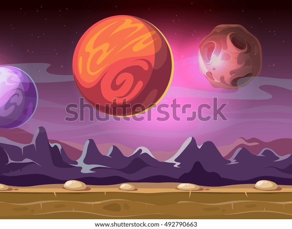 Cartoon alien fantastic landscape with moons\
and planets on starry sky for computer game background. Fiction gui\
with mountain\
illustration