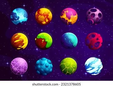 Cartoon alien fantasy space planets. Vector colorful fantastic galaxy ui game asteroids. Cosmic world objects with holes, frozen ice, pimples, green toxic goo, craters and glowing lava on surface