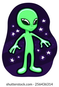 Cartoon Alien Flying In The Outer Space.