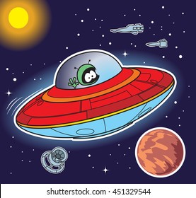 Cartoon alien flying red ufo spaceship. Vector illustration
