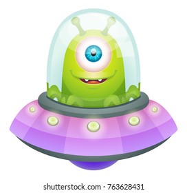 Cartoon Alien in Flying Saucer