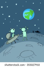 Cartoon of alien flying saucer landing on the Moon