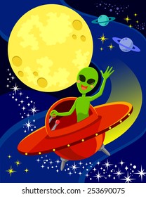 cartoon alien flying in a spaceship and waving his hand.  there is space for text in the moon.