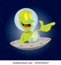 a cartoon of an alien flying a UFO in space