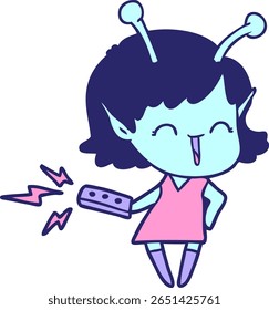 desenhos animados menina alienígena rindo com controle remoto em cor neon brilhante