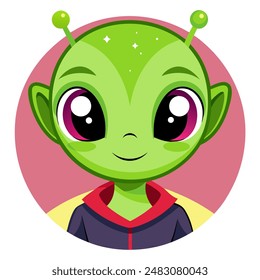 A cartoon alien with green skin, pink eyes, and antennas looks cheerful