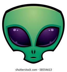 Cartoon alien head illustration with big dark eyes.