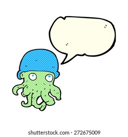 cartoon alien head wearing hat with speech bubble
