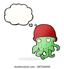cartoon alien head wearing hat with thought bubble