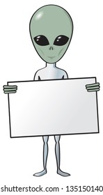 A cartoon alien holding a blank white sign.