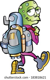Cartoon alien jet pack user. Isolated