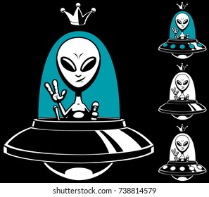 Cartoon alien king in his flying saucer and in 4 versions. 