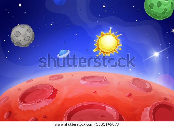 Cartoon alien landscape. Lunar red planet.\
Sun on space\
background.