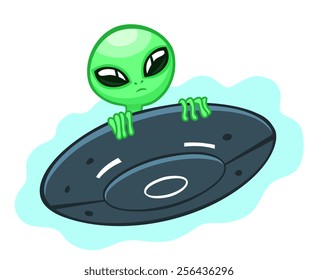 Cartoon alien looks out of a flying saucer.