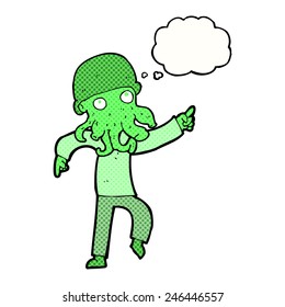 cartoon alien man dancing with thought bubble