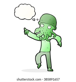 cartoon alien man dancing with thought bubble