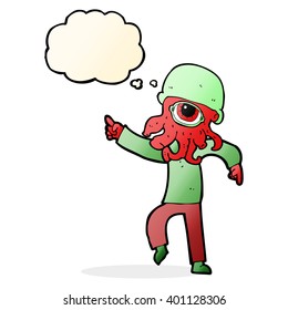 caricatura de un hombre alienígena bailando con burbuja de pensamiento