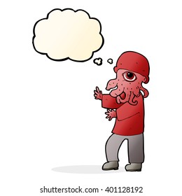 cartoon alien man with thought bubble