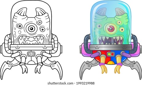 cartoon alien monster, coloring page, funny illustration