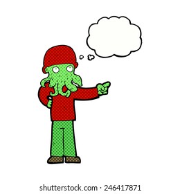 cartoon alien monster man with thought bubble