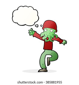 cartoon alien monster man with thought bubble