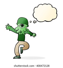 cartoon alien monster man with thought bubble