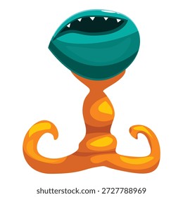 Cartoon alien monster with teal head and orange body and legs, showing sharp teeth