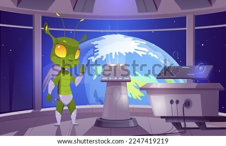 Cartoon alien on board of spacecraft approaching Earth. Vector illustration of funny green humanoid creature waving hello inside UFO with futuristic technology equipment. Space invasion game design
