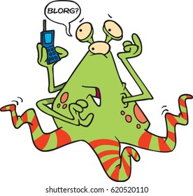 cartoon alien on a cell phone