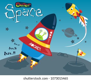 Cartoon of alien on spacecraft, outer space element cartoon