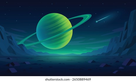 Planeta alienígena de desenhos animados. Paisagem alienígena com planeta anelado verde, terreno rochoso, céu estrelado e estrela cadente. Cena misteriosa do espaço de ficção científica, ilustração futurista do vetor do desenho animado.
