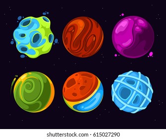 Cartoon alien planets fantasy on dark blue scifi starry gravitation space background vector set