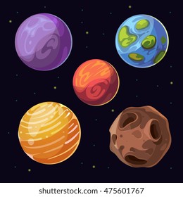 Cartoon alien planets, moons asteroid on space background. Celestial bodies and colored planet. Vector illustration