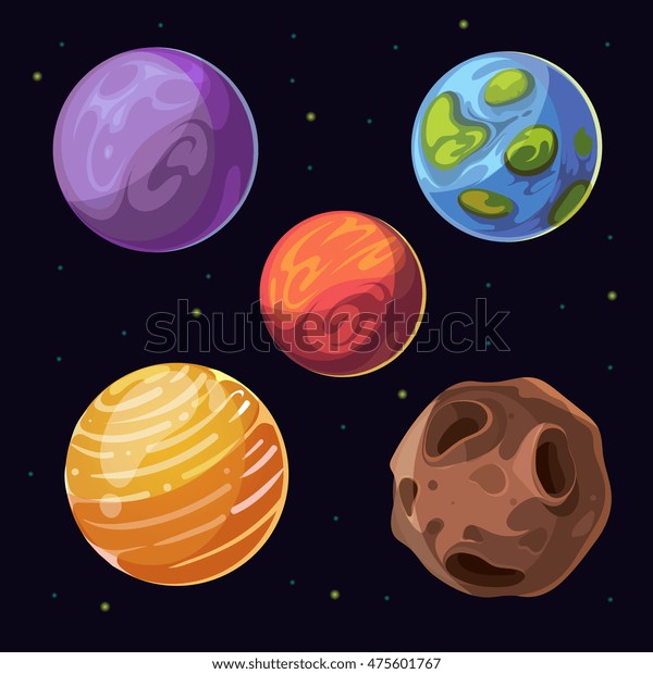 Cartoon alien\
planets, moons asteroid on space background. Celestial bodies and\
colored planet. Vector\
illustration