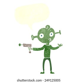 cartoon alien with ray gun with speech bubble