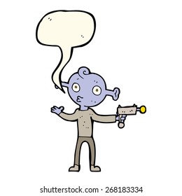 Cartoon-Alien mit Röntgenapparat mit Sprachblase