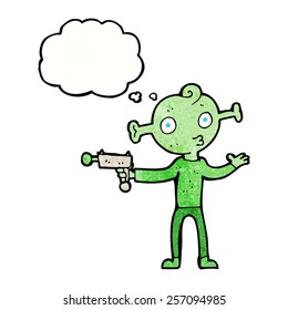 cartoon alien with ray gun with thought bubble