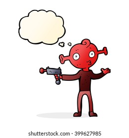caricatura alienígena con pistola de rayos con burbuja de pensamiento