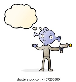 caricatura alienígena con pistola de rayos con burbuja de pensamiento