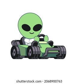 cartoon alien riding a kart. flat vector illustration of alien in racing cart. for stickers, textile, skater fashion. eps10
